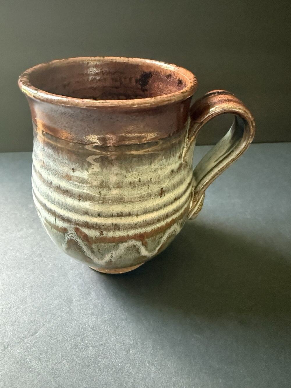 Studio Pottery Mug Drip Glaze Blue Brown Tan Cup Tea Coffee